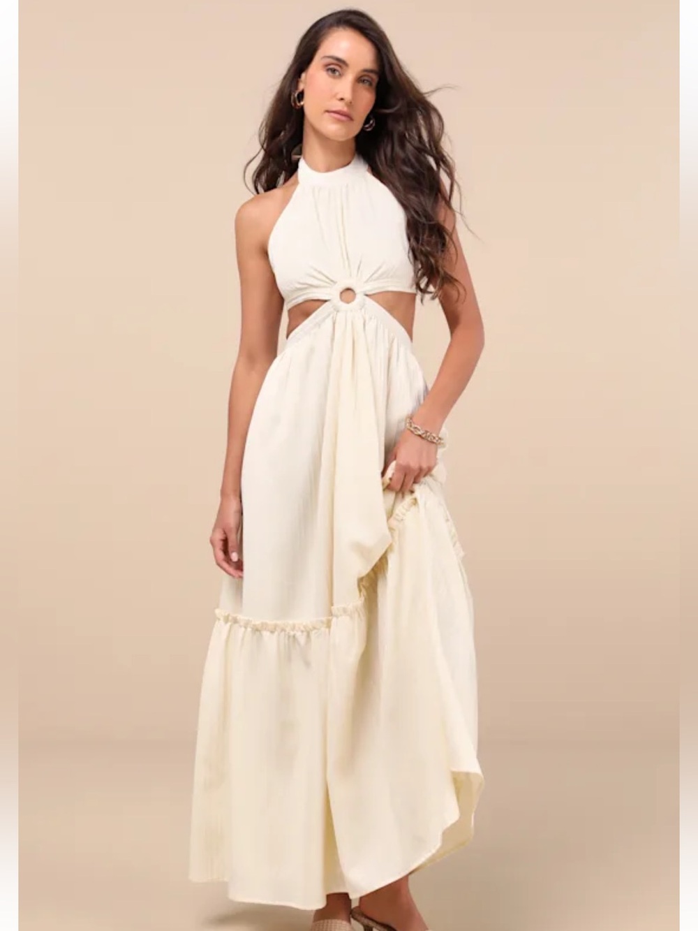 NWOT Lulus Island Vacay Cream Tie-Back Maxi Dress